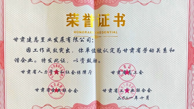喜報(bào)！公司榮獲“甘肅省勞動關(guān)系和諧企業(yè)”榮譽(yù)稱號